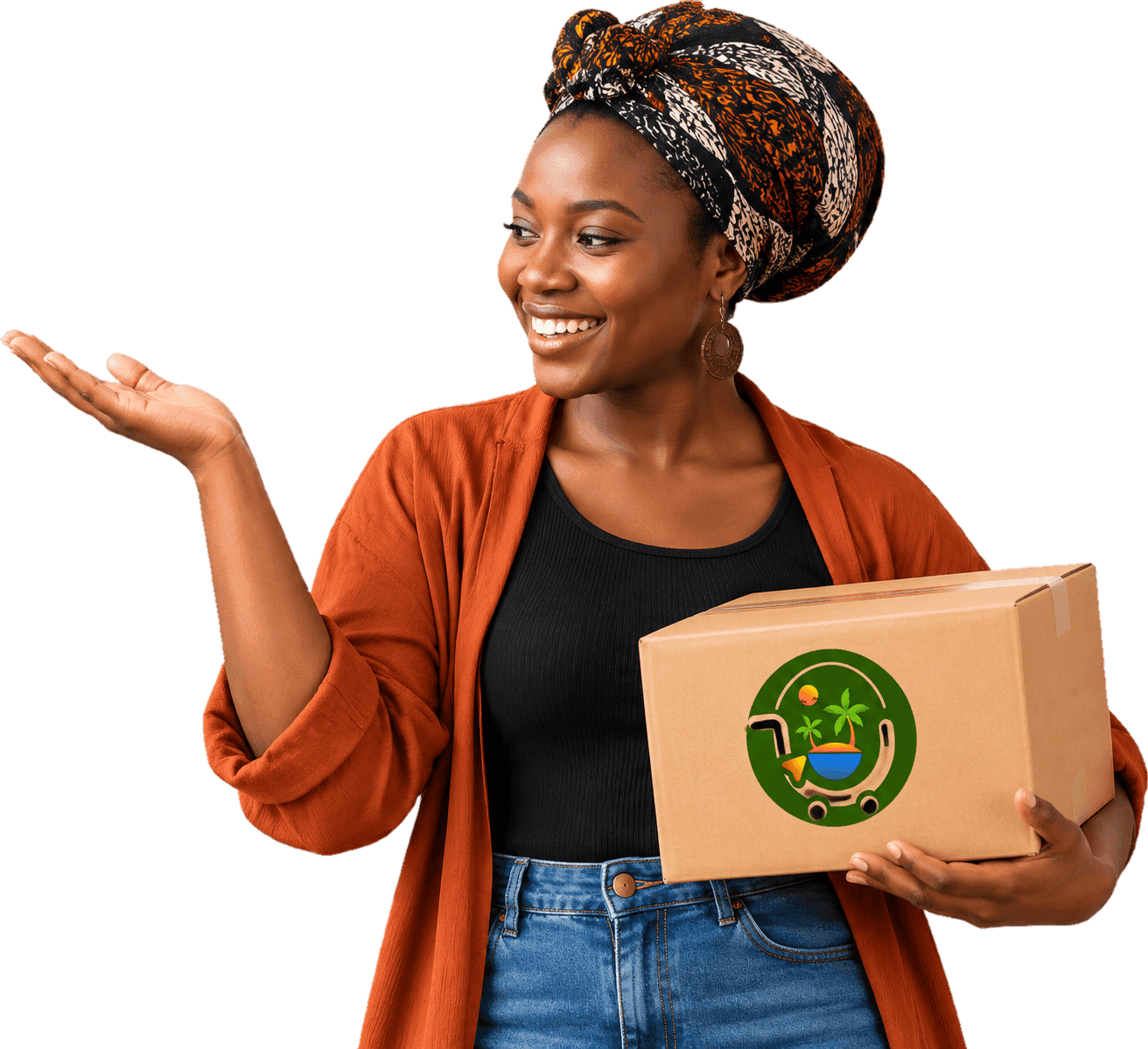 Cliente comorienne souriante tenant un colis Bahati